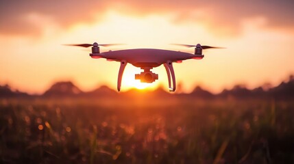 A drone hovering over a field during sunset with warm glowing light and blurred background silhouettes