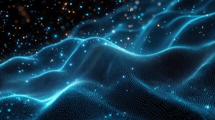 Abstract digital landscape with flowing grid of glowing blue dots and floating golden particles conveying futuristic technology and data visualization