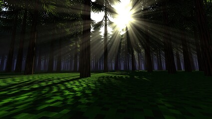 Sunburst Through Forest Canopy Illuminating Pixelated Green Floo