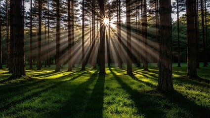 Sunburst Through Forest Canopy Casting Long Shadows on Green Gra