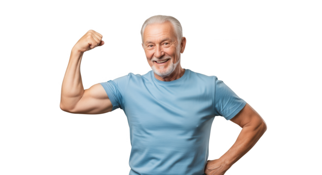 Smiling elderly man flexing his bicep isolated on transparent background