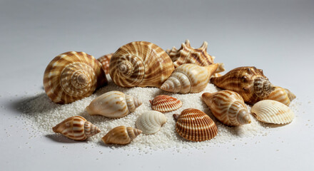 Ocean's Treasures: A diverse collection of intricately patterned seashells, each with unique shape and texture, delicately arranged on a bed of fine, white sand.