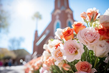 Floral display in front of a church