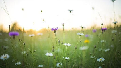 Sunlit Meadow: Daisies and Cornflowers in a Hazy Summer Field at
