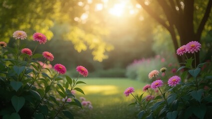 Sunlit Garden Path Framed by Vibrant Pink Zinnia Flowers in Soft