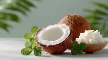 Cinematic Food Photography Coconut Half with Leaves and Cubes on White Marble Table