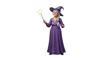 Woman dressed as a witch with a magic wand isolated on transparent background