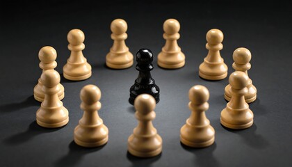 Black chess piece stands alone amongst twelve white pieces, symbolizing the experience of being bullied. This scene reflects the importance of awareness and intervention in schools to stop bullying.