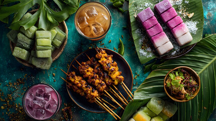 A delicious top-down view of a Malaysian food spread featuring grilled chicken satay with peanut sauce, purple and white layered Kuih Talam, and iced beverages, all served on rustic wooden plates and 