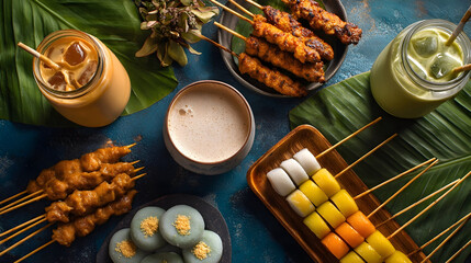 A delicious top-down view of a Malaysian food spread featuring grilled chicken satay with peanut sauce, purple and white layered Kuih Talam, and iced beverages, all served on rustic wooden plates and 