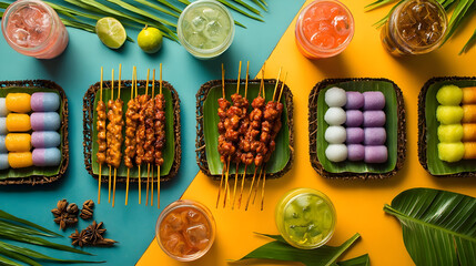 A delicious top-down view of a Malaysian food spread featuring grilled chicken satay with peanut sauce, purple and white layered Kuih Talam, and iced beverages, all served on rustic wooden plates and 