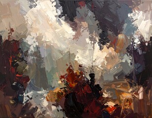 Abstract painting with bold brushstrokes, contrasting colors, and dynamic composition