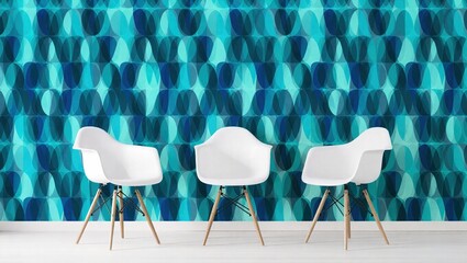 Three White Chairs Against a Retro Blue and Teal Geometric Wallp
