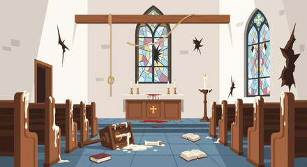 Vandalized Church Interior with Broken Stained Glass and Scattered Religious Items.