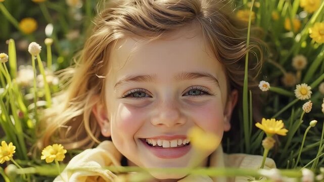 Ni&ntilde;a sonriente disfrutando del sol entre flores amarillas