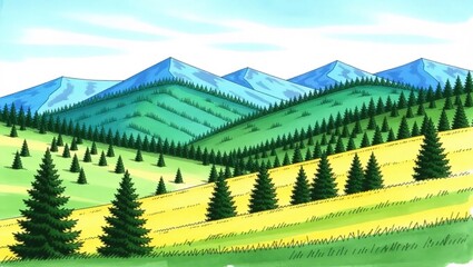 Verdant Hills and Distant Peaks: A Serene Landscape Illustration