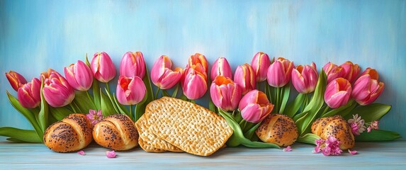 Arrangement of bright pink tulips with green leaves alongside poppy seed rolls and two large pieces of flatbread on a light blue background