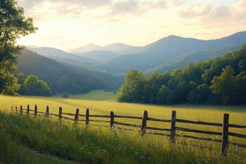 Peaceful countryside scene with wooden fence, green field, wildflowers, dense trees, and rolling blue mountains under a soft cloudy sky at sunset