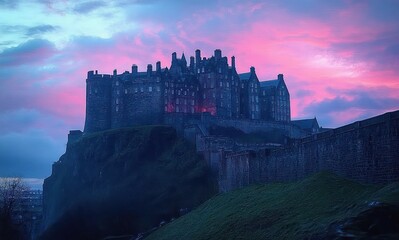large ancient stone castle on a hill at twilight with a dramatic purple and blue sky