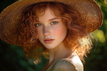 Portrait of a young woman with curly red hair wearing a large straw hat, soft natural lighting, and a serene expression against a blurred green background