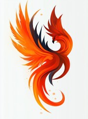 Vibrant orange and red stylized phoenix with wings outstretched rising gracefully with curved flowing feathers and intense posture