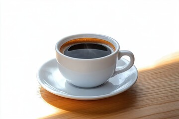 Obraz premium White ceramic cup filled with steaming black coffee on a matching saucer placed on a wooden surface with sunlight casting soft shadows