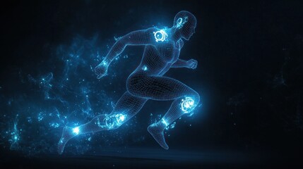 digital wireframe of a running human figure with glowing joints and a dynamic blue futuristic background representing motion and technology