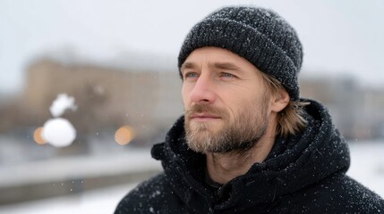 Man with Blue Eyes Wearing Black Beanie and Coat Covered in Snow Cinematic Winter Portrait