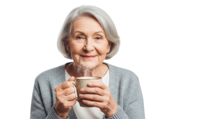 Smiling elderly woman holding a mug of hot beverage, isolated on transparent background