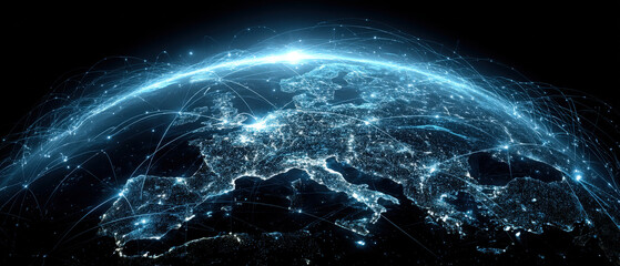 Futuristic glowing nodes and neon blue lines connecting continents on 3D Earth map