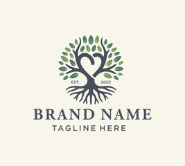 Family Tree of Life vector logo design, branches forming a heart icon, Banyan Oak Root Leaves