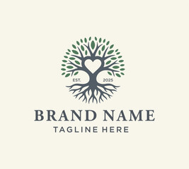 Family Tree of Life vector logo design, branches forming a heart icon, Banyan Oak Root Leaves