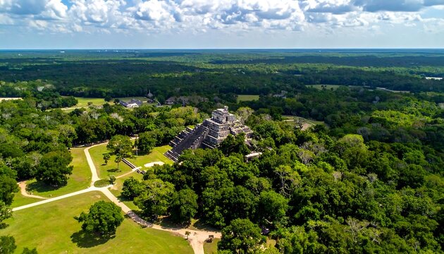 Aerial view of ancient Mayan ruins in a lush green landscape - Powered by Adobe