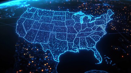 Digital glowing blue map of the United States with state borders and bright urban light points indicating major population centers during nighttime