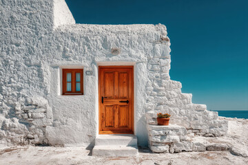 Traditional wooden door in white plaster wall with classic architectural details