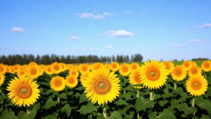 Obraz premium Vibrant Sunflower Field Under a Clear Blue Sky with Scattered Cl