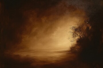 Fototapeta premium dark moody landscape with dense shadowy trees surrounding a glowing misty clearing in warm brown tones evoking mystery and calm