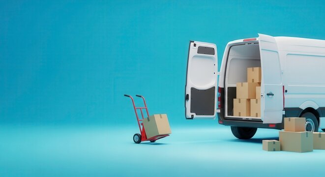White delivery van with open rear doors and boxes on blue background