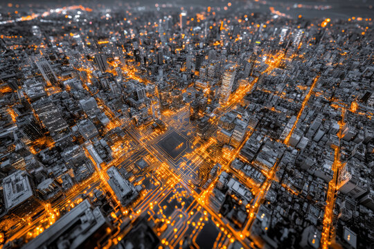 Aerial view of city streets glowing like a circuit board at night