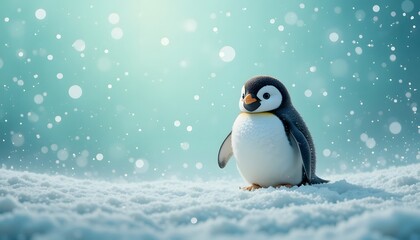 Cute baby penguin on snow winter bokeh background
