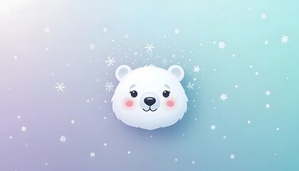 Cute polar bear face with snow winter pastel background