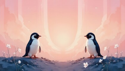 Two penguins standing on snow in pink sky sunset background