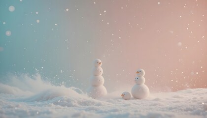 Cute snowman family on snow with pastel winter background