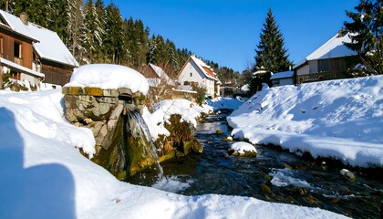 Snowy village stream