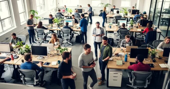 Busy modern office space with diverse team working, collaborative atmosphere creating innovation