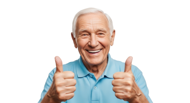 Elderly man giving thumbs up isolated on transparent background
