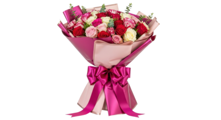 Bouquet of red, pink, and white roses with pink ribbon tied in a bow isolated PNG with Transparent Background