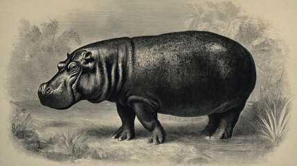 Etching of a hippopotamus standing in a grassy landscape with foliage in the background