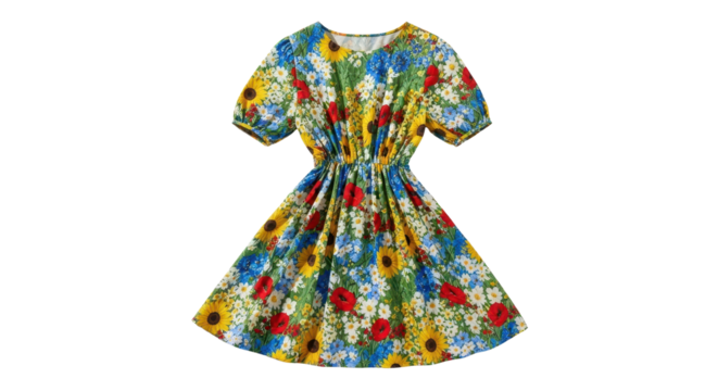 Floral dress with sunflowers, daisies and poppies isolated PNG with Transparent Background