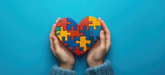 Hands holding colorful heart-shaped jigsaw puzzle pieces symbolizing care and unity on a bright blue background